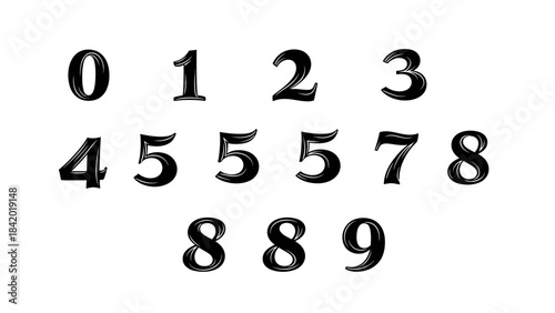 Black numbers 0 9 isolated on white background for education