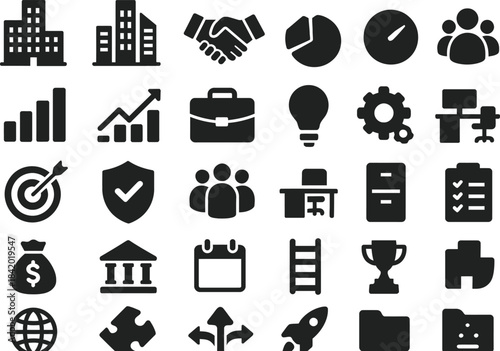 30 Company and Business Operations Silhouette Icons Set – Corporate Vector Collection