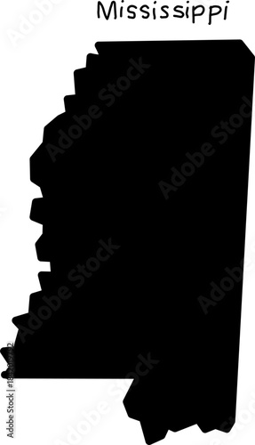Black silhouette of the Mississippi state outline on a clean white background, ideal for educational use, maps, posters, infographics, travel designs, and geographic projects.
