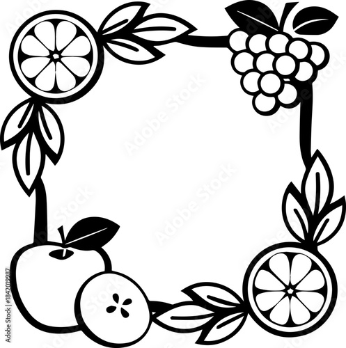 
SVG vector illustration of fruit-themed product labels and packaging elements.Black and White Citrus Fruit Slice Illustration Design