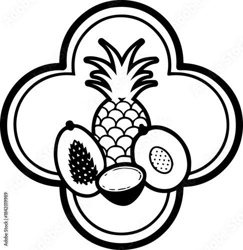 
SVG vector illustration of fruit-themed product labels and packaging elements.Black and White Outline of Raspberries and Leaves