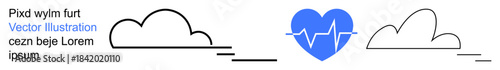 Health monitoring, weather forecasting, technology integration, data analysis, environment, connectivity. Outline of clouds and a heartbeat in a blue heart. Health monitoring and weather forecasting