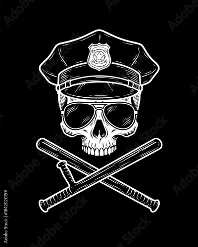 Police Officer Skull with Aviator Sunglasses and Cap White Vector Illustration for T-Shirt Design.