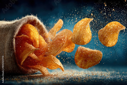A dynamic close-up of crispy potato chips spilling from a burlap sack and floating in a cloud of golden seasoning.  
