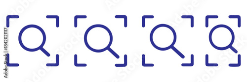 Search focus icon set, magnifying glass icon inside rounded corner brackets , Scan or Zoom Area icons , ideal for scanning tools, find functions, detection features, and for camera or search interface