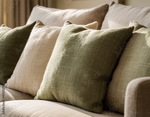 Green and beige linen throw pillows on comfortable sofa in living room
