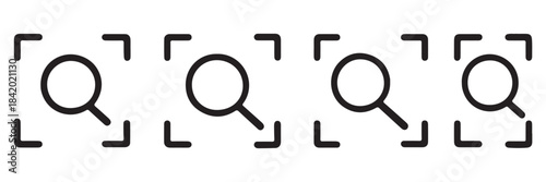 Search focus icon set, magnifying glass icon inside rounded corner brackets , Scan or Zoom Area icons , ideal for scanning tools, find functions, detection features, and for camera or search interface