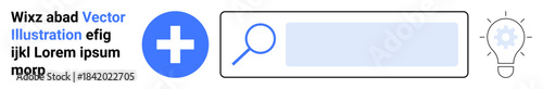 Innovation, health services, search tools, medical technology, creativity, interface design. Blue medical cross, search bar with magnifying glass lightbulb icon. Innovation and health services