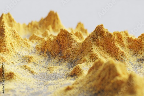 Textured golden powder forms abstract mountain peaks on a gray surface.