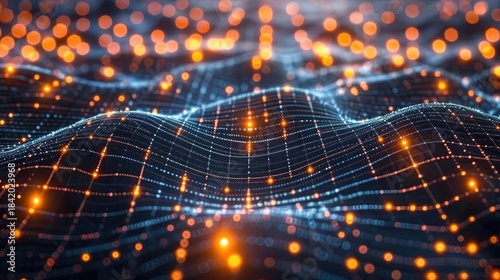 Abstract digital landscape with glowing lights and flowing grid patterns