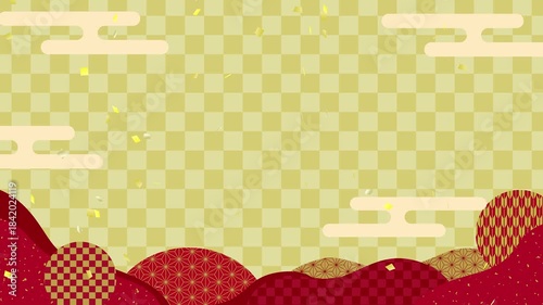 和柄模様に降り注ぐ金箔の和風動画背景/赤・市松金