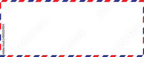 Airmail Envelope frame images with strips. International vintage letter border. Retro air mail postcard with blue and red stripes. Empty classic postal frame. Vector illustration