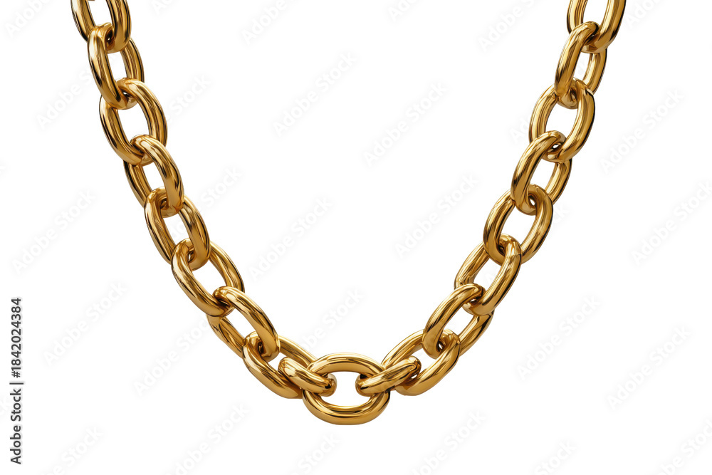 Obraz premium Thick polished gold chain links forming a curve against a black background metal jewelry, Png, Isolated on Transparent Background, Cut Out