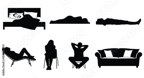Silhouettes showing people relaxing and sleeping postures