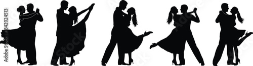 Black Silhouette Set of Five Male and Female Couples Ballroom Dancing in Different Poses, Isolated Vector Illustration Collection for Romance, Performance, and Partner Dance Concepts