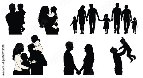Family units parents couples and children in loving interactions