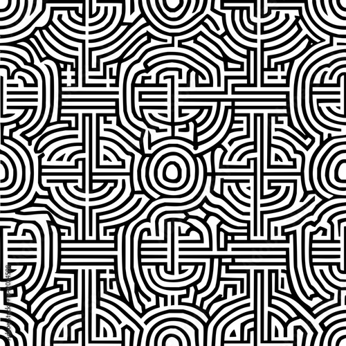 Abstract seamless pattern of black and white geometric shapes in a complex maze like design that is repetitive