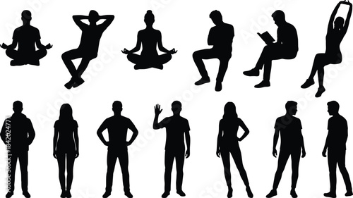 Vector set of black silhouettes showing diverse men and women in various everyday poses, including standing, sitting, stretching, and meditating, illustrating lifestyle and activity.