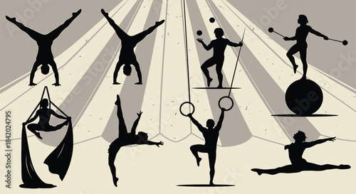Circus performers demonstrating various acts against a stylized vintage big top background