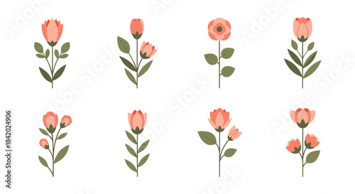 Beautiful set of eight simple floral elements with pink and coral flowers and green stems, isolated on a white background.
