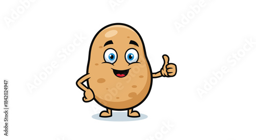 Friendly and happy cartoon potato character with a smiling face and arms and legs, giving a positive thumbs-up gesture.