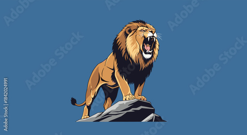 Powerful and majestic male lion with a full mane standing on a rock and letting out a mighty roar against a blue background.