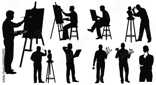 Artists silhouettes engaged in painting sculpting and creative contemplation activities