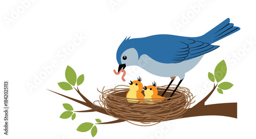 Caring mother bird feeding a worm to her two hungry baby chicks waiting in their cozy nest on a tree branch.