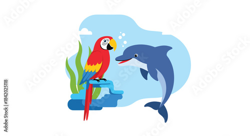 Unlikely friendship between a colorful red macaw parrot perched on a rock and a friendly blue dolphin in the water.