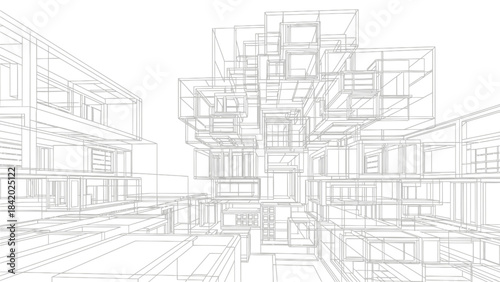 Modern Architectural Wireframe Design of Complex Building Structure.