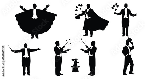 Magician silhouettes performing classic illusions with top hats wands and capes