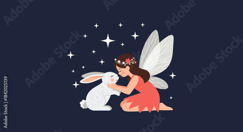Gentle and magical fairy with sparkling wings and a flower crown, lovingly holding a cute white rabbit under a starry night sky.