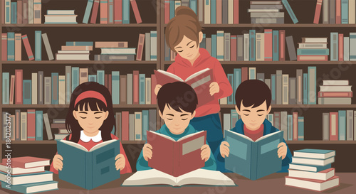 Female teacher reading a book with three young students in a cozy library surrounded by shelves full of colorful books.
