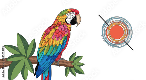 Colorful macaw parrot perched on a branch next to a detailed scientific diagram of the structure of a human or bird eye.