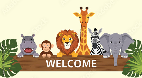 Friendly group of cartoon safari animals including a lion, elephant, and giraffe, holding a wooden "WELCOME" sign for a zoo.