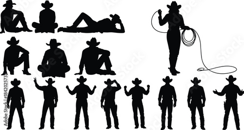 Black Silhouette Set of Male and Female Cowboys and Cowgirls in Different Poses, Some with Hat and Lasso, Isolated Vector Illustration for Western and Rodeo Concepts