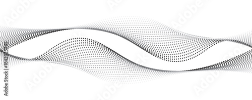 Abstract flowing dots particles wave pattern. Halftone gradient curve shape isolated on transparent background. Modern vector banner in concept of AI, technology, science, music festival.