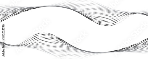 Abstract flowing dots particles wave pattern. Halftone gradient curve shape isolated on transparent background. Modern vector banner in concept of AI, technology, science, music festival.