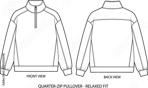 Fashion vector technical drawing flat sketch of a relaxed fit quarter-zip pullover sweatshirt, showing detailed front and back views for clothing template and apparel design illustration.