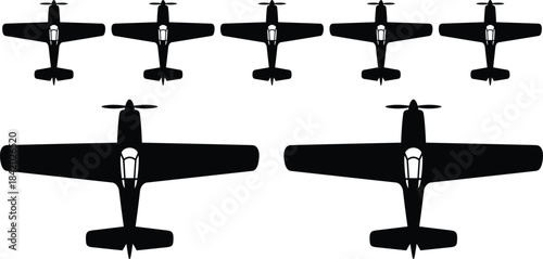 Vector set of black silhouettes featuring a top-down view of a single-engine light propeller plane, symbolizing flight path, aerial travel, and general aviation.