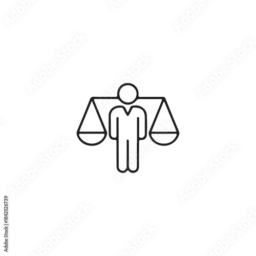 Man with scales icon. Simple outline style. Integrity, lawyer, person, justice, legal, law, judge, balance, equality concept. Vector illustration isolated on white background. Thin stroke EPS 10