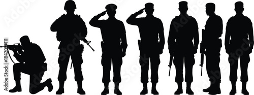 Black Silhouette Set of Seven Military Soldiers or Army Personnel in Uniform, Standing and Kneeling with Rifles, Isolated Vector Illustration for War, Defense, and Service Concepts