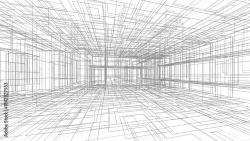 Abstract architectural wireframe rendering of an empty interior space.