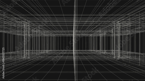 Abstract wireframe grid structure in a dark digital space.