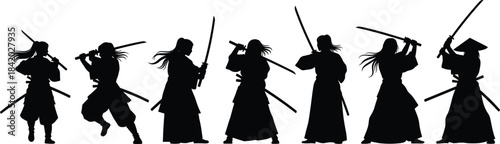 Black Silhouette Set of Traditional Japanese Samurai or Ronin Warriors in Dynamic Action Poses with Katanas, Isolated Vector Illustration for Martial Arts Concepts