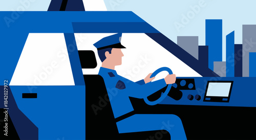 “Officer Driving Patrol Car”
Flat vector police officer inside a patrol car, car drawn with geometric solid forms, minimal dashboard, strong police blue palette.