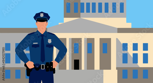 “Police Officer Standing Guard”
Flat vector officer standing firmly with hands on belt, government building in simple solid shapes behind, clean and bold style.