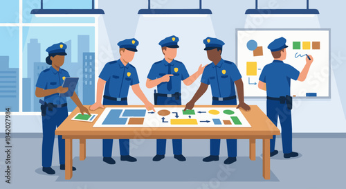 “Police Team Collaborating at Station”
Flat vector group of officers planning around a table, charts and maps shown as simplified solid shapes, clean modern style.