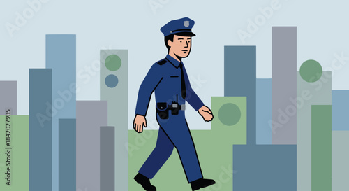 “Police Officer on Patrol”
Flat vector police officer walking on duty, simple city backdrop in solid shapes, clean bold colours, minimal detail.