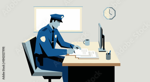 “Police Officer Writing a Report”
Flat vector officer sitting at desk filling out paperwork, geometric furniture, solid-colour palette, clean minimal composition.